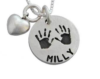 Hand Prints or Feet Prints Silver Disc Necklace, Footprint Jewelry, Mommy Gift