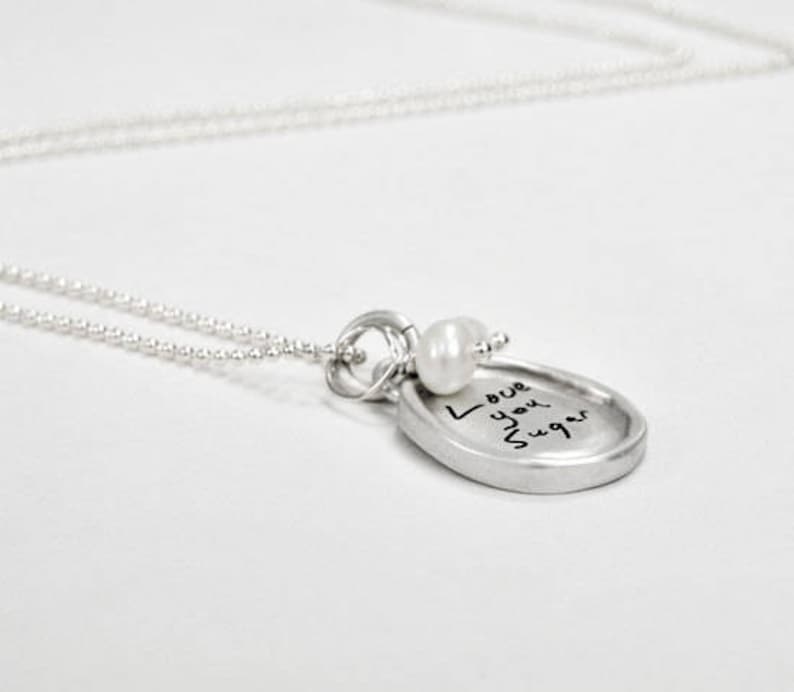 Memorial Jewelry Remembrance Jewelry Handwriting Necklace Sculpted Raised Edge Small Oval Loved One/'s Note Necklace