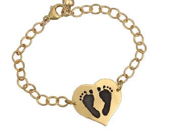 Your Child's Footprints Bracelet Heart Gold Linked  - Remembrance Jewelry - Memorial Jewelry - Foot Print Bracelet