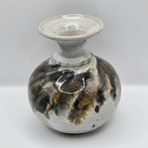 Vintage Pinecroft Studio Pottery Vase/Weed pot. 3.25&quot; x 3&quot; Charcoal & Brown Splashes. Made in Canada