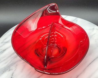 MCM Vintage Dark Ruby Red Viking Glass Divided Bowl. 9" x 6.25" x 3" tall. 1970's