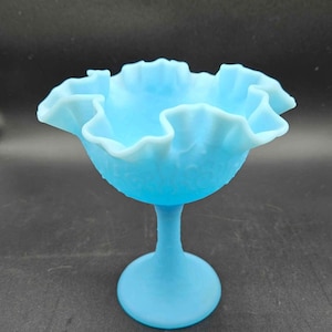 Fenton Blue Ruffled Compote. Persian Medallion Pattern. Blue Satin Finish. 6.75&quot; x 6&quot;