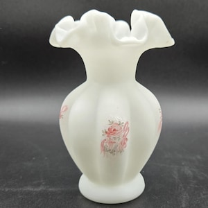 Fenton Satin Glass Handpainted Vase. Beautiful Painted Roses. Signed A. Farley. 5.5&quot; × 4&quot;