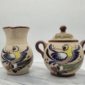 Tonala Mexican Pottery Handpainted Cream and Sugar. Beautiful Bird Design. Signed.