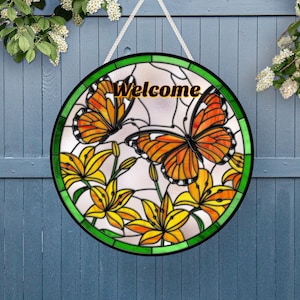 Monarch Butterfly Faux Stained Glass Personalized Door Sign, Metal Wreath Center Sign, Butterfly Wreath Center, Round Door Sign, Butterflies