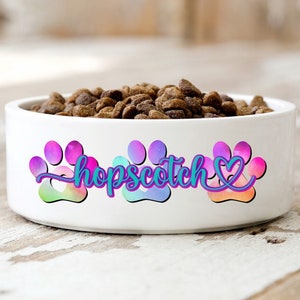 Personalized Dog Bowl | Custom Ceramic Dog Bowl Measuring 6” | Bowl with Pet’s Name in Cursive Font | Paw Print Design | Custom Food Bowl