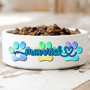 Personalized Dog Bowl | Custom Ceramic Dog Bowl Measuring 6” | Bowl with Pet’s Name in Cursive Font | Paw Print Design | Custom Food Bowl