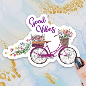 Good Vibes Floral Bicycle Sticker, Laptop Sticker, Water Bottle Sticker, Bike Sticker, Bicycle Tumbler Sticker, Bicycle Gift, Flower Sticker