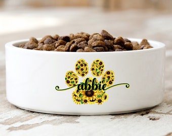 Personalized Dog Bowl, Sunflower Paw Print Pet Bowl with Name, Sunflowers Pet Food Bowl, Water Bowl for Pet, Floral Cat Bowl, Ceramic 6"