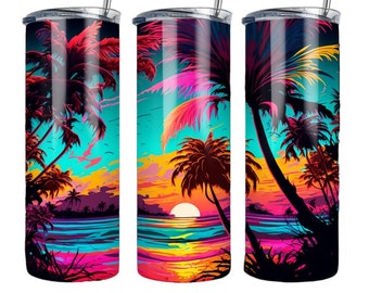 Summer Beach Sunset Tumbler Wrap Sublimation Transfer, Palm Trees Ocean Sunrise Wrap, Rainbow, 20 oz Tumbler Wrap Transfer, Ready to Press