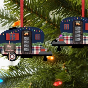 Christmas Camper with Christmas Lights and Name Ornament, Personalized, Plaid Camper Ornament, Name Ornament, Camping, Couple Gift image 1