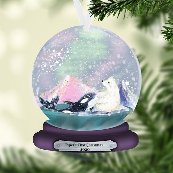 Bear and Whale Artic Christmas Snow Globe Ornament, 2-dimensional NOT a real snow globe, Personalized Ornament, Baby's First Christmas, Kids