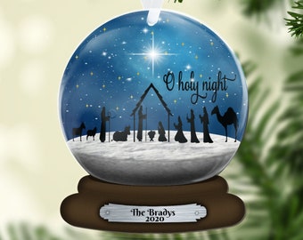 Nativity Snow Globe Christmas Ornament Personalized, 2-dimensional NOT a real snow globe, Name Ornament, O Holy Night, Family Gift