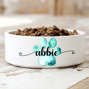 Personalized Dog Bowl | Custom Ceramic Dog Bowl Measuring 6” | Bowl with Pet’s Name in Cursive Font | Paw Print Design in Variety of Colors