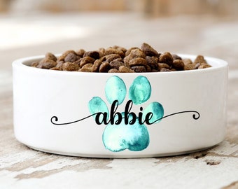 Personalized Dog Bowl | Custom Ceramic Dog Bowl Measuring 6” | Bowl with Pet’s Name in Cursive Font | Paw Print Design in Variety of Colors