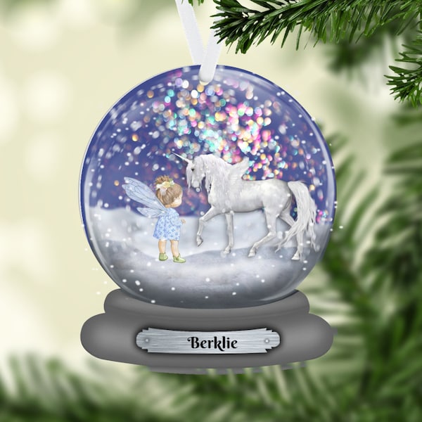 Unicorn and Fairy 2-Dimensional Snow Globe Christmas Ornament Personalized, Name Ornament, NOT a real snow globe, Gift for Girl, Unicorn