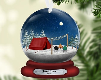 Tent Camping Snow Globe Christmas Ornament, 2-dimensional NOT a real snow globe, Personalized Ornament, Gift for Family, Couples Gift