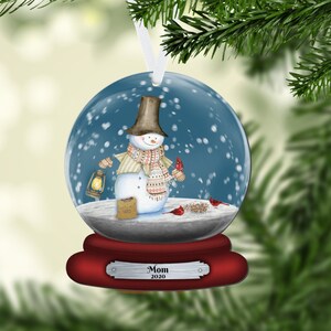 Snowman and Cardinals Snow Globe Christmas Ornament, 2-dimensional NOT a real snow globe, Personalized Ornament, Name Ornament, In Memory