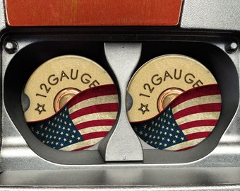 Shotgun Shell 12 Gauge Flag Ceramic Car Coasters, Set of 2, Bullet Car Coaster, Sandstone Car Coaster, Car Coasters for Men, Flag Coaster
