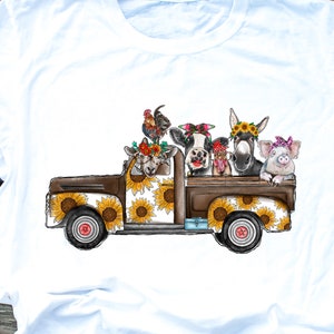 Farm Animals Sunflower Truck Sublimation Transfer - Ready to Press - Pig, Chicken, Cow, Goat, Donkey - Animals with Headbands - Ready to Use