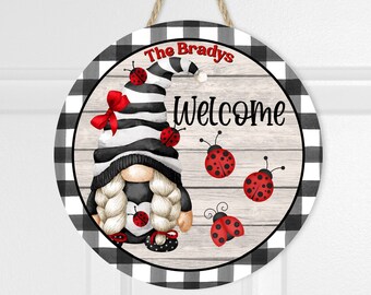 Ladybug Gnome Personalized Door Sign, Metal Wreath Center Sign, Ladybugs Wreath Center, Circle Door Sign, Spring Round Door Hanger, Name