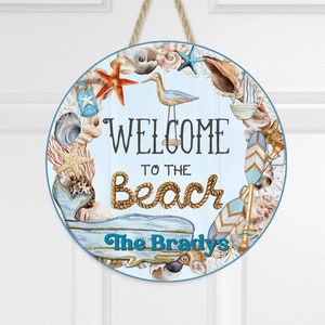 Beach Welcome Personalized Door Sign, Metal Wreath Center Sign, Ocean Wreath Center, Circle Door Sign, Round Door Hanger, Custom Beach