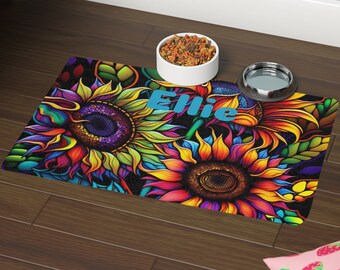 Personalized Sunflower Pet Mat - 12" x 18" - Non-Slip Rubber Printed in the USA, Pet Feeding Mat, Pet Food Mat - Bright Sunflowers - Dog