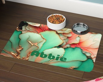 Personalized Floral Marble Pet Mat - 12" x 18" - Non-Slip Rubber Printed in the USA, Pet Feeding Mat, Pet Food Mat, Peach and Green Flowers