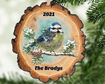 Blue Bird Christmas Ornament, Wood Slice, Bird Ornament, Custom Gift, Personalized Christmas Ornament, Family Gift, Bird Lover Gift