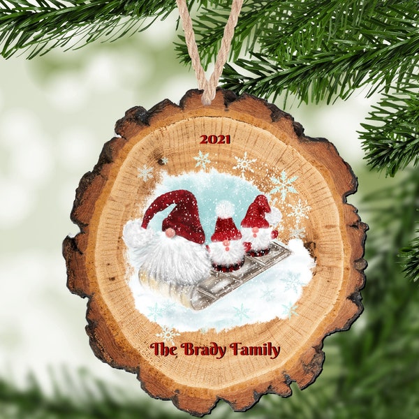 Personalized Sledding Gnomes Ornament, Wood Slice Ornament, Personalized Wood Slice Ornament, Personalized Christmas Ornament, Family Gift