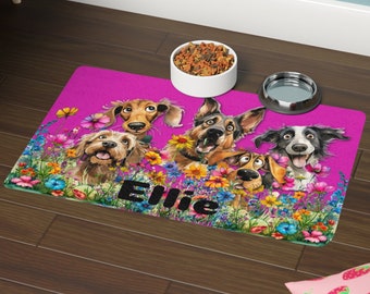 Personalized Dogs in Flower Garden Pet Mat - 12" x 18" - Non-Slip Rubber Printed in the USA, Pet Feeding Mat, Pet Food Mat - Funny Dog