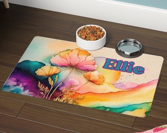 Floral Pet Mat - 12" x 18" - Non-Slip Rubber Printed in the USA, Pet Feeding Mat, Pet Food Mat - Watercolor Flowers - Dog - Cat