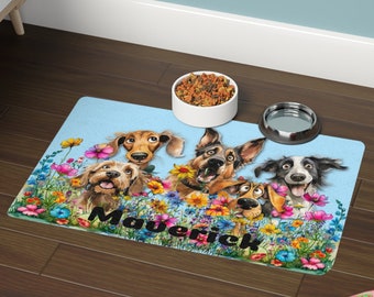 Personalized Dogs in Flower Garden Pet Mat - 12" x 18" - Non-Slip Rubber Printed in the USA, Pet Feeding Mat, Pet Food Mat - Funny Dog