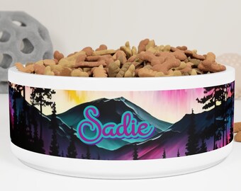 Personalized Dog Bowl, Northern Lights Pet Bowl with Name, Aurora Borealis Pet Food Bowl, Water Bowl for Pet, Cat Bowl, Ceramic 6"