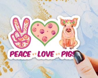 Peace Love Pigs Sticker, Autocollant porcin, Autocollant de porc pour ordinateurs portables, Porcs, Bouteilles d’eau, Cadeau pour les amateurs de porc, Cochon, Porcs 4-H, Hippie Pig, Paix