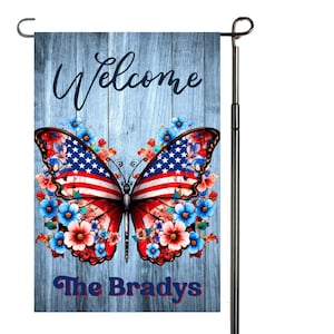 Patriotic Garden Flag Personalized, Butterfly Floral Garden Flag, Red White and Blue Flag, 4th of July Yard Flag, American Flag Decor