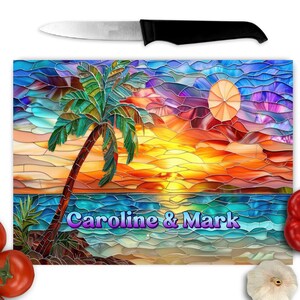 Beach Sunset Personalized Glass Cutting Board, Ocean Palm Tree Personalized Kitchen Decor, Beach Custom Kitchen Chopping Board, Beach Lover
