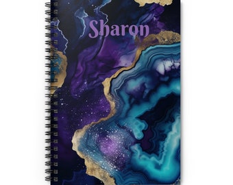 Personalized Marble Agate Blue Gold Spiral Notebook Ruled Lines Journal Notebook Stationary Gift Durable Cover 6x8 Inches, Geode Look