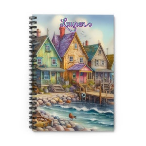Seaside Cottages Spiral Notebook Personalized - Beach Journal - Gift for Mom, Teacher Gift, Watercolor Beach Sea Ocean Notebook Lined Paper