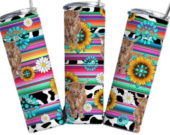 Highland Cow Sunflower Serape Tumbler Sublimation Wrap - Ready to Press Flower Cows Transfer - 20 oz Straight Tumbler Transfer, Farm