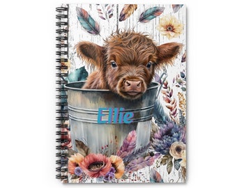 Personalized Highland Cow in Bucket Spiral Notebook Ruled Lines Journal Notebook Stationary Gift Durable Cover 6x8 Inches, Books, Highlander