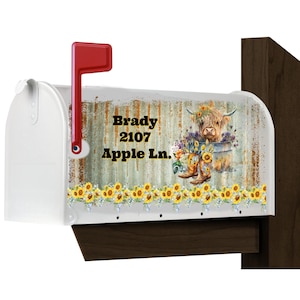 Mailbox Cover with Magnetic Strip - Personalized Highland Cow Sunflower Mailbox Decor - Custom Address Mailbox Cover, Farm, Ranch, Cows