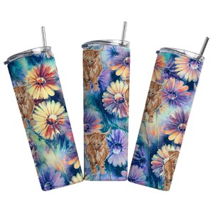 Highland Cow Floral Tumbler Sublimation Wrap - Ready to Press Flower Cows Transfer - 20 oz Straight Tumbler, Tumbler Transfer, Farm Animal