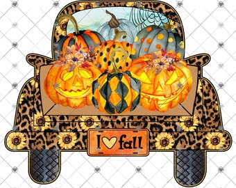 Love Fall Pumpkin Leopard Truck Sublimation Transfer, Ready to Press, Pumpkins, Autumn Sublimation Transfer, Cheetah, Printed, Ready to Use