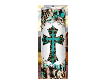 Cowhide Cross Tumbler Wrap Ready to Press Sublimation Transfer - 20 oz Straight Tumbler - Cow, Faith, Tumbler Sublimation, Ready to Use