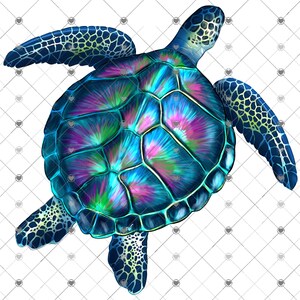 May include: A blue sea turtle with a colourful, tie-dye pattern on its shell. The turtle is swimming with its flippers extended.