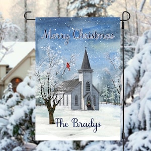 Christmas Church Personalized Garden Flag, Little White Church Garden Flag, Outdoor Christmas Decoration, Christmas Flag, Church Gift Flag