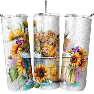 Highland Cow Floral Tumbler Sublimation Wrap - Ready to Press Transfer - Cows, Cow in Tub, 20 oz Straight Tumbler, Tumbler Transfer, Farm