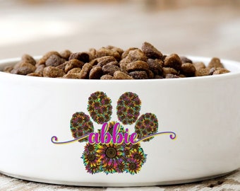 Personalized Dog Bowl | Custom Ceramic Dog Bowl Measuring 6” | Bowl with Pet’s Name in Cursive Font | Paw Print Design in Variety of Colors