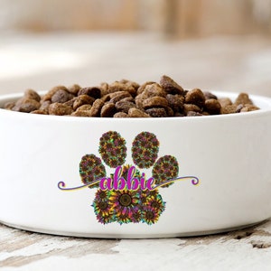 Personalized Dog Bowl | Custom Ceramic Dog Bowl Measuring 6” | Bowl with Pet’s Name in Cursive Font | Paw Print Design in Variety of Colors